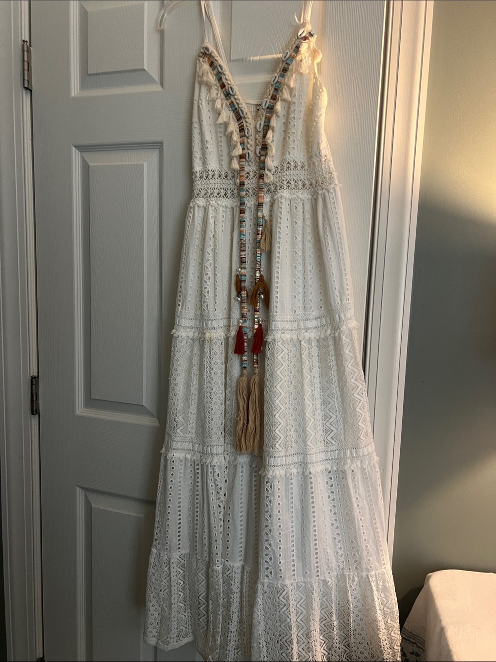 Italian White Eyelet Maxi Dress with dramatic Tassel Detail